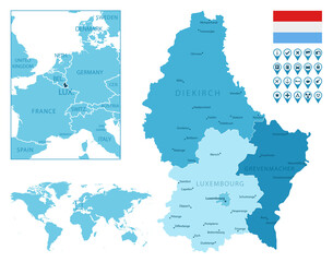 Luxembourg detailed administrative blue map with country flag and location on the world map. Vector illustration
