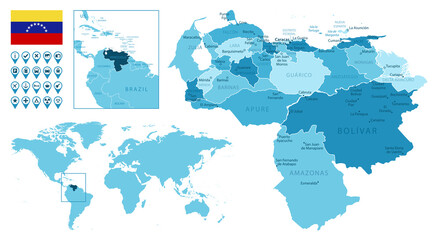 Venezuela detailed administrative blue map with country flag and location on the world map. Vector illustration