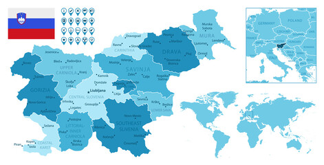 Slovenia detailed administrative blue map with country flag and location on the world map. Vector illustration