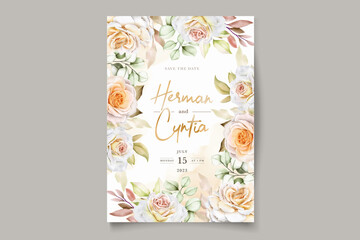 Floral wedding invitation template set with elegant brown leaves