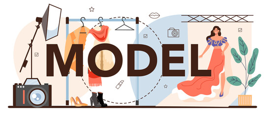 Model typographic header. Man and woman represent new clothes at a fashion