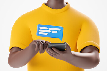 Cartoon character african american man in yellow t-shirt holding smartphone with blue text bubble over white background.