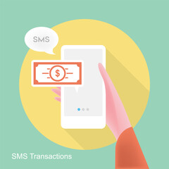 Human hand holding smart phone with Vector illustration of SMS transactions flat design concept. showing on display isolated on green background, vector and illustration