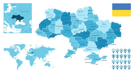 Ukraine detailed administrative blue map with country flag and location on the world map. Vector illustration