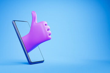 Cartoon purple hand show thumb up through smartphone over blue background. Social network like concept.