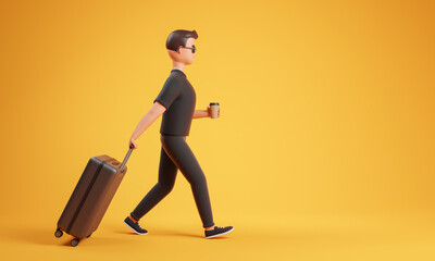 Cartoon character man in black clothes and sunglasses walk with suitcase and coffee cup over yellow background with copy space. Travel concept.
