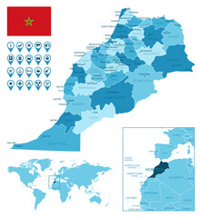 Morocco detailed administrative blue map with country flag and location on the world map. Vector illustration