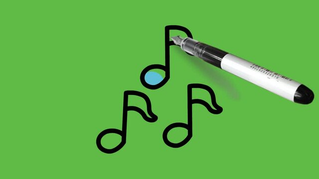 Drawing three musical sign in black and blue colour combination on abstract green background
