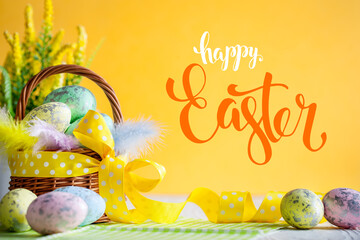 Happy Easter. Congratulatory easter background. Easter eggs and flowers. Selective focus....