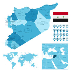 Syria detailed administrative blue map with country flag and location on the world map. Vector illustration