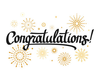 beautiful handwritten greeting lettering Congratulations on decoration, fireworks.