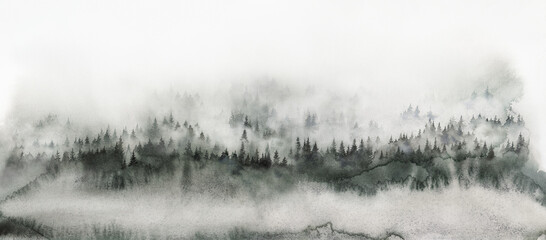 Misty forest watercolor wall art for print