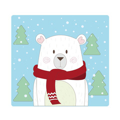 christmas illustration with a polar bear in a red scarf