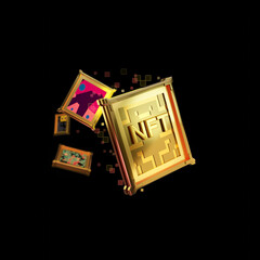 3D rendering illustration of art piece transform to digital Golden coins NFT non-fungible tokens, concept art