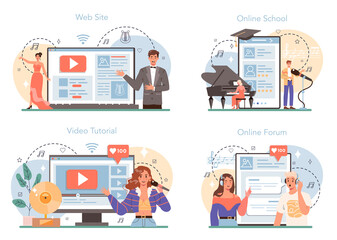 Singer online service or platform set. Performer singing with microphone