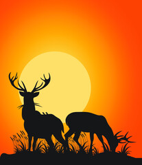 Reindeers Silhouette with Sunset vector illustration 