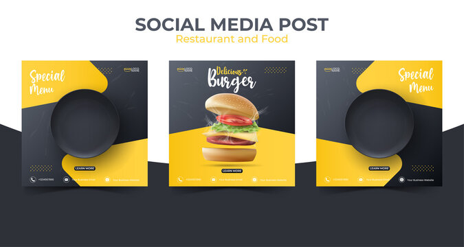 Food or culinary social media marketing template. editable square social media post for promotion. illustration vector with realistic burger and black plate.