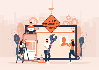 Flat under construction with people for web site design. Minimal design. Technology concept. Flat business template.