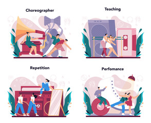 Choreographer concept set. Dance teacher in studio. Training courses