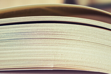 Book pages. Close-up of slightly open book pages. Blurred background, copy space. Concept of studying, business.