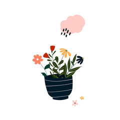 Cute hand drawn tiny blooming potted flower. Cozy hygge scandinavian style template for postcard, poster, greeting card, kids t shirt design. Vector illustration in flat cartoon style