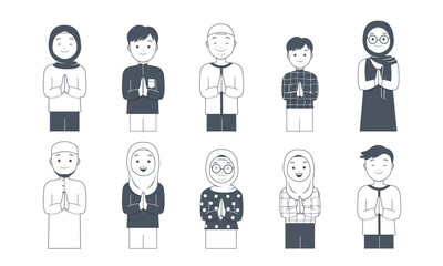 Muslim characters with greeting pose collection set. Man and woman celebrating Eid Mubarak.