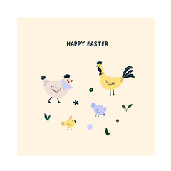 Cute hand drawn chicken, rooster, chick on meadow with leaves, flowers. Cozy hygge scandinavian happy Easter template for postcard, card, t shirt design. Vector illustration in flat cartoon style