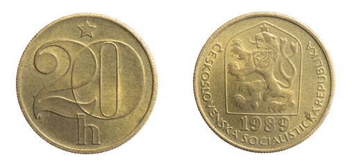 Czechoslovakia twenty hellers coin on white isolated background