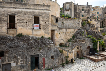  View of the Sassi di Matera a historic district in the city of Matera, well-known for their ancient cave dwellings. Basilicata. Italy