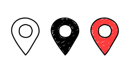 Set of hand drawn geolocation icons isolated on white background. Doodle style. Position and GPS navigation concept. Vector illustration