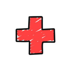 Hand drawn medical cross isolated on white background. Doodle style. Medical care, clinic, hospital or hospital concept. Health care. Vector illustration