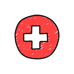 Hand drawn medical cross isolated on white background. Doodle style. Medical care, clinic, hospital or hospital concept. Health care. Vector illustration