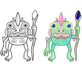 cartoon swamp monster, coloring book, funny illustration