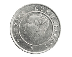 Turkey twenty five kurus coin on a white isolated background
