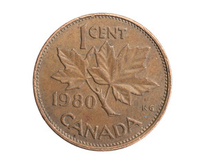 Canada one cent coin on a white isolated background