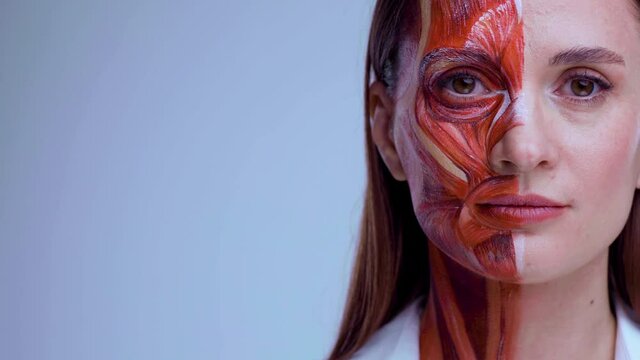 Young woman with half of face with muscles structure under skin. Model for medical training on a light background. Close up video of face human anantomy.