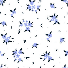 Seamless pattern with cute hand drawn purple flowers and leaves. Cozy hygge scandinavian style template for fabric, packaging, kids t shirt design. Vector illustration in flat cartoon style