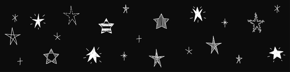 Set of hand-drawn stars isolated on black background. Doodle style. Night concept. Sketch. Vector illustration