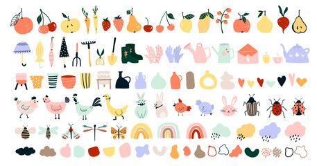 Cute hand drawn spring icons, garden tools, fruits, vegetables, chickens, hares, bees, butterflies. Cozy hygge scandinavian style for postcard, greeting card. Vector illustration in flat cartoon style - obrazy, fototapety, plakaty