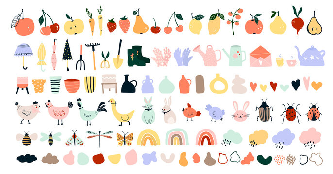 Fototapeta Cute hand drawn spring icons, garden tools, fruits, vegetables, chickens, hares, bees, butterflies. Cozy hygge scandinavian style for postcard, greeting card. Vector illustration in flat cartoon style