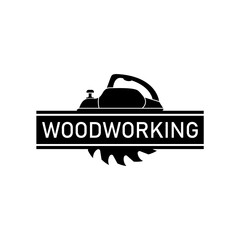 Fototapeta na wymiar Woodworking logo. Vector for carpentry, woodwork, lumberjack, woodcraft, sawmill service. Isolated clipart on white background.