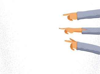 Hands with pointing fingers shows blank copy space mockup for advertising banner or poster design vector illustration, man and woman hands with gestures attracting attention.