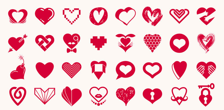 Collection of hearts vector logos or icons set, heart shapes of different styles and concepts symbols, love and care, health and cardiology, geometric and low poly.