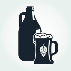Beer Bottle With Beer Mug icon isolated on white background. Vector illustration.