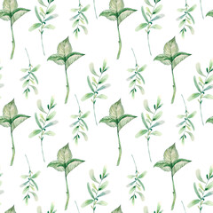 Watercolor illustration. Seamless design from green twigs on a white background. fresh greenery pattern for background, print, fabric, paper, etc.