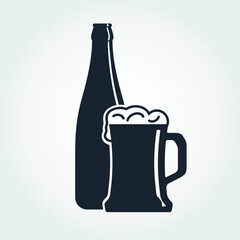 Beer Bottle With Beer Mug icon isolated on white background. Vector illustration.