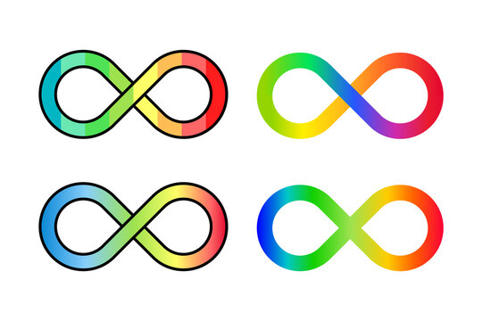Infinity loop rainbow icon set. Neurodiversity concept. Autism acceptance symbol. Set of four colorful endless loops. The range of differences in individual brain function. Vector illustration