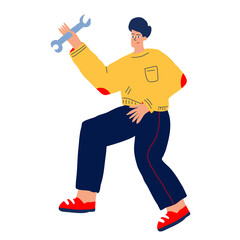 Cute vector man with a wrench in his hand. The man is a master with tools. Vector doodle illustration isolated on white background