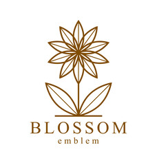 Geometric linear style vector flower logo or emblem isolated on white, sacred geometry floral symbol line drawing emblem, blossoming flower hotel or boutique or jewelry logotype.