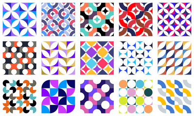 Geometric abstract seamless patterns set with colorful simple elements of geometry, wallpaper background in retro 70s style, Bauhaus constructive style tiles collection.